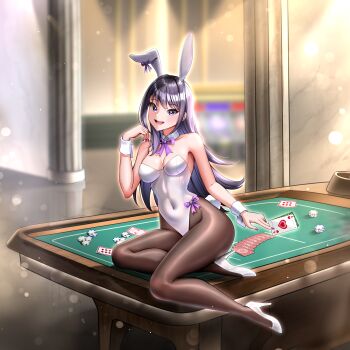 1girl absurdres ace_(playing_card) ace_of_hearts animal_ear_hairband animal_ears black_hair black_pantyhose blue_eyes bow bowtie card casino_card_table detached_collar fake_animal_ears hairband heart high_heels highleg highleg_leotard highres itacho_(itasha_draws) leotard long_hair neck_ribbon original pantyhose playboy_bunny playing_card poker_chip purple_ribbon rabbit_ears rabbit_tail ribbon shoes side-tie_leotard solo strapless strapless_leotard table tail white_leotard white_shoes wrist_cuffs