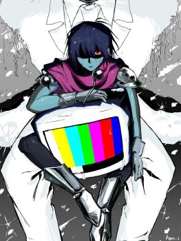 1boy 1other agec_i ant_tenna arm_on_another&#039;s_head armor artist_name between_legs black_hair blue_skin cable clothed_robot colored_skin crt deltarune disembodied_hand gloves grey_gloves highres holding_detached_head humanoid_robot kris_(dark_world)_(deltarune) kris_(deltarune) looking_at_viewer mechabare missing_limb object_head partially_shaded_face radio_antenna red_eyes robot snow sweat torn_clothes utdr_(toby_fox) wire