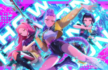 Rule 34 | 3girls, arm pouch, black boots, black shorts, boots, braid, braided ponytail, catcrossingart, choker, commentary, crop top, earrings, english commentary, fingerless gloves, gloves, halterneck, highres, holding, holding polearm, holding weapon, jacket, jewelry, kpop demon hunters, long hair, looking at viewer, mira (kpop demon hunters), multiple girls, pink hair, polearm, purple hair, rumi (kpop demon hunters), short bangs, shorts, sidelocks, smile, thigh boots, weapon, yellow jacket, zoey (kpop demon hunters)