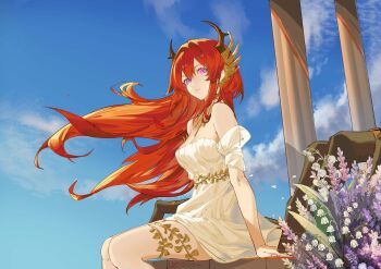 Rule 34 | 1girl, absurdres, ambience synesthesia, arknights, bare shoulders, black horns, blue sky, breasts, chinese commentary, cleavage, cloud, cloudy sky, commentary request, disembodied hand, dress, exianble, feet out of frame, flower, hair between eyes, highres, horns, large breasts, long hair, looking at viewer, looking to the side, official alternate costume, parted lips, purple eyes, purple flower, red hair, sitting, sky, solo, surtr (arknights), surtr (prelude to transcendence) (arknights), white dress, white flower