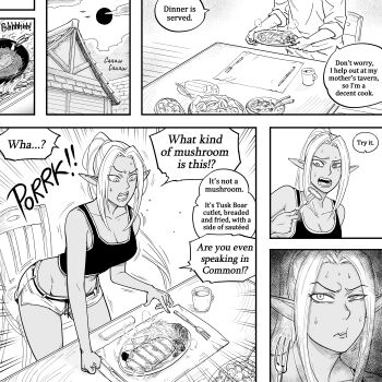 Rule 34 | 1boy, 1girl, absurdres, bb (baalbuddy), breasts, brother and sister, brother and step-sister, casual, cleavage, cooking, crop top, cutlet, dark-skinned female, dark elf, dark skin, eating, elf, english text, food, highres, left-to-right manga, long hair, medium breasts, midriff, nervous sweating, original, pointy ears, ponytail, short shorts, shorts, siblings, speech bubble, step-brother and step-sister, step-siblings, sweat, tank top, willford diccard, zana (dark elf stepsister)