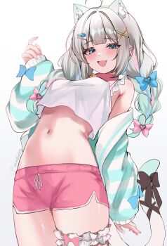1girl acedia ahoge animal_ear_fluff animal_ears aqua_hair blue_bow blue_eyes bow braid breasts brown_bow cat_ears cat_girl cat_tail dolphin_shorts drawstring fang garter_belt gradient_hair hair_bow hair_ornament hairclip highres indie_virtual_youtuber long_hair long_sleeves looking_at_viewer medium_breasts midriff mint_fantome mint_fantome_(otaku) multicolored_hair navel official_alternate_costume open_mouth pink_shorts shorts simple_background solo tail tail_bow tail_ornament tank_top twin_braids very_long_hair virtual_youtuber white_background white_hair white_tank_top x_hair_ornament