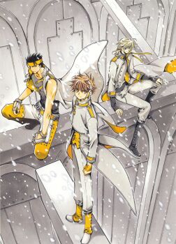 3boys absurdres black_hair blonde_hair brown_eyes brown_hair clamp fai_d._flowright highres kurogane_(tsubasa_chronicle) looking_at_viewer male_focus multiple_boys ribbon sitting snow tsubasa_chronicle xiaolang yellow_ribbon