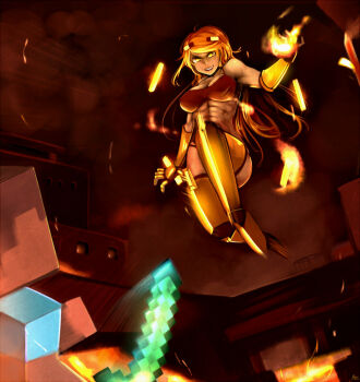 1boy 1girl abs arm_up armor artist_name at2. bare_shoulders battle bikini blaze_(minecraft) blonde_hair blue_shirt boots bracer breasts brown_hair dark-skinned_female dark_skin evil_grin evil_smile eye_contact fire floating fortress gauntlets glowing glowing_eyes greaves grin hell holding large_breasts lava leg_up long_hair looking_at_another minecraft minecraft_sword mob_talker motion_blur muscular personification shirt smile smoke steve_(minecraft) swimsuit sword the_nether_(minecraft) thigh_boots thighhighs weapon window yellow_eyes