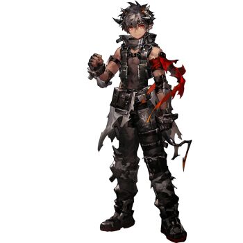 1boy ankle_boots arknights arm_at_side bandana bandana_around_neck black_bandana black_boots black_hair black_nails black_pants black_vest boots clenched_hands closed_mouth cropped_vest dark-skinned_male dark_skin ear_piercing full_body hand_up horns looking_at_viewer male_focus muscular muscular_male odda_(arknights) official_art pants piercing pointy_ears red_eyes scorpion5050 short_hair simple_background smile solo standing tachi-e third-party_source torn_clothes transparent_background vest