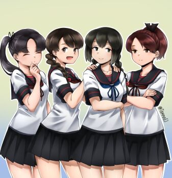 4girls ayanami_(kancolle) ayanami_kai_ni_(kancolle) black_eyes black_hair black_sailor_collar black_skirt blue_neckerchief braid brown_eyes brown_hair brown_neckerchief commentary english_commentary hair_between_eyes hair_over_shoulder highres isonami_(kancolle) isonami_kai_ni_(kancolle) kantai_collection kazaharu_matsuhata long_hair multiple_girls neckerchief pleated_skirt sailor_collar school_uniform serafuku shikinami_(kancolle) shikinami_kai_ni_(kancolle) short_hair side_ponytail sidelocks single_braid skirt standing twin_braids uranami_(kancolle) uranami_kai_ni_(kancolle)