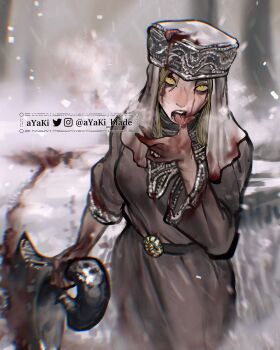 anastasia_(elden_ring) anastasia_tarnished-eater ayaki_blade belt blonde_hair blood blood_on_hands blood_on_snow cleaver curvy dragging elden_ring fromsoftware habit highres holding holding_cleaver implied_cannibalism licking licking_finger long_sleeves nun signature snow sword weapon yellow_eyes