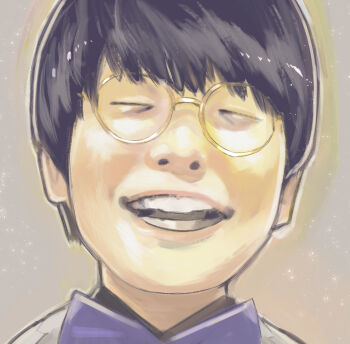 &gt;_&lt; 1boy :d absurdres black_hair blue_bow blue_bowtie bow bowtie close-up closed_eyes grey_background gums hanae_natsuki highres ishida_sui male_focus open_mouth outline real_life shirt short_hair smile solo teeth voice_actor white_outline white_shirt xd yellow-framed_eyewear