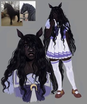 1girl animal_ears black_hair blue_eyes bow bowtie brown_shoes closed_mouth dark-skinned_female dark_skin friesian_horse_girl frown grey_background hair_between_eyes hand_up highres horse_ears horse_girl horse_tail long_hair original puffy_short_sleeves puffy_sleeves pump_upthejam purple_bow purple_bowtie purple_shirt sailor_collar school_uniform shirt shoes short_sleeves simple_background skirt solo tail thick_lips tracen_school_uniform two-tone_shirt umamusume very_dark_skin very_long_hair wavy_hair white_sailor_collar white_shirt white_skirt