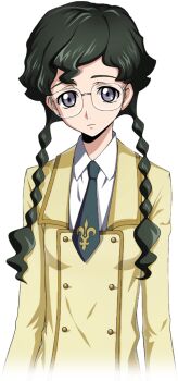 1girl arms_at_sides artist_request braid buttons closed_mouth code_geass code_geass:_lost_stories collared_shirt cropped_torso double-breasted female_focus flat_chest game_cg glasses green_hair green_necktie grey_eyes jacket long_hair long_sleeves looking_at_viewer necktie nina_einstein non-web_source official_art rimless_eyewear school_uniform shirt simple_background solo standing transparent_background twin_braids twintails upper_body white_shirt yellow_jacket