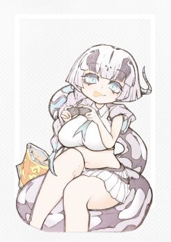 1girl blue_eyes braid chips_(food) controller eating food game_controller grey_background grey_hair highres jacket japari_symbol kemo24vv kemono_friends long_hair looking_at_viewer navel necktie potato_chips shirt simple_background skirt snake_girl snake_tail solo tail titanoboa_(kemono_friends)