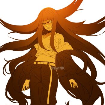 1girl artist_name belt boruto:_two_blue_vortex choker commentary corrupted_twitter_file drawink feet_out_of_frame highres jacket long_hair midriff naruto_(series) navel off_shoulder pants serious shirt solo t-shirt uzumaki_himawari very_long_hair watermark yellow_theme