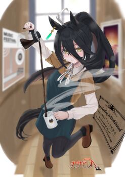 1girl absurdres ahoge animal_ears animal_print apron barista belt black_belt black_hair black_pants cat_print closed_mouth coffee_mug coffee_pot collared_shirt cup ear_tag earrings green_apron hair_between_eyes high_ponytail highres horse_ears horse_girl horse_tail jewelry layered_sleeves leg_up long_bangs long_hair long_hair_between_eyes long_sleeves looking_at_viewer manhattan_cafe_(umamusume) mug neck_ribbon orange_sweater pants ponytail poster_(object) qs_tu9 ribbon shirt short-sleeved_sweater short_over_long_sleeves short_sleeves single_earring smile solo speech_bubble standing standing_on_one_leg steam sweater tail umamusume very_long_hair watermark white_hair white_ribbon white_shirt wind wooden_floor yellow_eyes