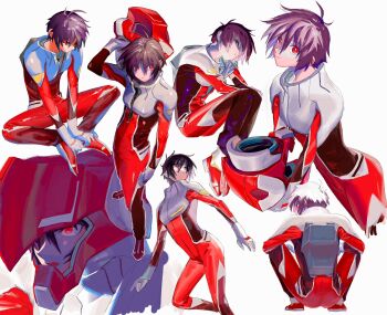Rule 34 | 1boy, black hair, bodysuit, gundam, gundam seed, gundam seed destiny, hair between eyes, helmet, highres, holding, holding unworn helmet, indian style, looking at viewer, looking to the side, male focus, mecha pilot suit, multiple views, red bodysuit, red eyes, shinn asuka, short hair, simple background, sitting, squatting, tokumei wombat, unworn headwear, unworn helmet, white background
