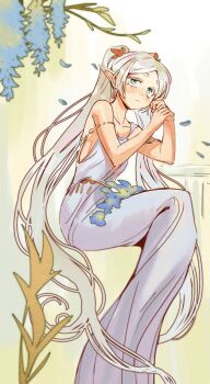 Rule 34 | 1girl, absurdres, bare shoulders, blue petals, blush, breasts, cleavage, dress, elf, falling petals, flower, frieren, green eyes, grey hair, hair flower, hair ornament, highres, long dress, long hair, medium breasts, olivetart, own hands together, parted bangs, petals, pointy ears, simple background, solo, sousou no frieren, twintails, white dress, wisteria