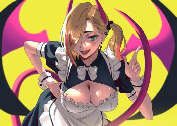1girl apron averting_eyes black_dress breasts cleavage cleavage_cutout clothing_cutout commentary cowboy_shot demon demon_girl demon_horns demon_wings detached_collar dress earrings english_commentary fang hair_over_eyes hair_over_one_eye hand_on_own_hip highres horns jewelry large_breasts leaning_forward long_bangs looking_at_viewer maid maid_apron medium_hair moggald motley_(moggald) multiple_piercings one_side_up open_mouth original pink_horns pink_streaks pink_tail puffy_short_sleeves puffy_sleeves short_sleeves side_ponytail simple_background skin_fang smug solo spread_wings tsurime white_apron wings yellow_background