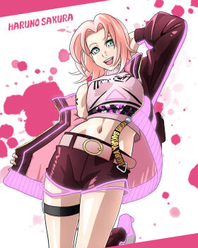 1girl absurdres arm_behind_head belt breasts character_name crop_top cropped_shirt green_eyes haruno_sakura highres jacket midriff naruto_(series) naruto_shippuuden navel pink_belt pink_hair pink_jacket pink_shorts saburo_des shirt short_shorts shorts sleeveless sleeveless_shirt small_breasts solo splatter_background standing standing_on_one_leg thigh_strap turtleneck turtleneck_shirt two-sided_fabric two-sided_jacket