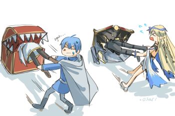 >_< .osari 2boys 2girls black_pants black_pantyhose blonde_hair blue_hair blue_shirt cape cartethyia_(wuthering_waves) commentary crossover dress flying_sweatdrops frieren grey_cape highres himmel_(sousou_no_frieren) long_hair male_rover_(wuthering_waves) mimic mimic_chest multiple_boys multiple_girls open_mouth pants pantyhose pulling rover_(wuthering_waves) shirt sousou_no_frieren sweatdrop symbol-only_commentary white_dress wuthering_waves