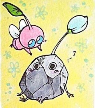Rule 34 | akira (8877ice), black skin, blue eyes, blush stickers, bud, colored skin, creature, creature focus, floral background, flying, insect wings, leaf, lowres, musical note, nintendo, no humans, no mouth, pikmin (creature), pikmin (series), pikmin 3, pink skin, rock, rock pikmin, sitting, solid circle eyes, traditional media, winged pikmin, wings, yellow background
