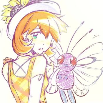 1girl alternate_costume artist_request bare_shoulders blue_eyes butterfree dress drooling earrings finger_to_mouth flower from_behind gen_1_pokemon gloves green_eyes hair_over_one_eye hat hat_flower jewelry looking_at_viewer looking_back misty_(pokemon) misty_(pokemon_hgss) nintendo orange_hair pokemon pokemon_gsc short_hair solo source_request sunflower white_gloves yellow_dress