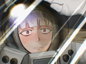 1girl animal_ears astronaut blunt_bangs bow ear_bow fishbowl_helmet gloves gold_ship_(umamusume) grey_hair helmet highres horse_ears horse_girl interstellar_(movie) johnholl0w long_hair movie_reference parted_lips purple_bow purple_eyes scene_reference solo space_helmet spacesuit umamusume