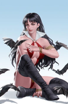 1girl bat_(animal) black_boots black_hair blue_background boots bracelet breasts clothing_cutout collar earrings gold_bracelet grey_eyes highres jewelry large_breasts long_hair looking_at_another navel_cutout one-piece_swimsuit red_nails red_one-piece_swimsuit sitting solo swimsuit thigh_boots vampirella vampirella_(character) white_collar yoon_junggeun