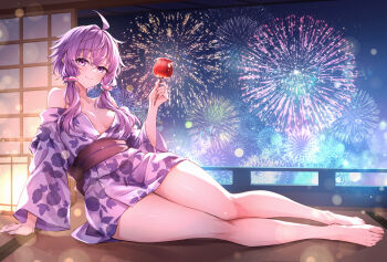 Rule 34 | 1girl, aerial fireworks, ahoge, arm support, bare legs, bare shoulders, breasts, breasts apart, candy apple, closed mouth, fireworks, floral print, floral print kimono, food, hair tubes, highres, holding, holding candy apple, holding food, japanese clothes, kimono, legs, light blush, long legs, long sidelocks, looking at viewer, night, night sky, obi, open clothes, open kimono, print kimono, purple eyes, purple hair, purple kimono, sash, shiraiwa usagi, short hair, shouji, sidelocks, sky, sliding doors, small breasts, smile, solo, summer festival, tatami, thighs, voiceroid, yukata, yuzuki yukari