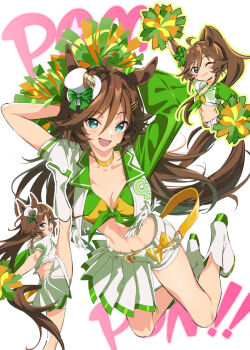 1girl ahoge animal_ears arm_up arms_behind_back arms_up asymmetrical_jacket asymmetrical_sleeves bandana blue_eyes blush boots bow breasts brown_hair cheerleader choker cleavage closed_mouth collarbone cropped_jacket genkai_made_pom_pon!! green_bandana green_bow green_jacket green_shirt hair_between_eyes hair_ornament hairclip hat holding holding_pom_poms horse_ears horse_girl horse_tail jacket leg_up long_hair long_sleeves looking_at_viewer medium_breasts midriff mini_hat mini_top_hat mr._c.b._(clear_bliss)_(umamusume) mr._c.b._(umamusume) navel one_eye_closed open_clothes open_jacket open_mouth pom_pom_(cheerleading) pom_poms ponytail shirt shorts single_sleeve skirt smile split standing standing_on_one_leg standing_split stomach strapless strapless_shirt tail taromarun top_hat umamusume white_boots white_jacket white_shorts white_skirt yellow_choker
