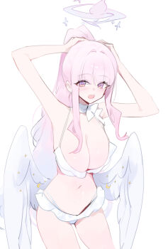 1girl :d absurdres angel_wings arms_up bikini bikini_skirt blue_archive breasts choker cleavage cowboy_shot crescent crescent_ornament dokshuri feathered_wings frilled_bikini frills halo high_ponytail highleg highleg_bikini highres large_breasts light_blush long_hair long_sidelocks low_neckline low_wings mika_(blue_archive) mika_(swimsuit)_(blue_archive) navel official_alternate_hairstyle open_mouth pink_hair pink_halo ponytail purple_eyes ribbon ribbon_choker self-borrowed_hairstyle shiny_skin sidelocks simple_background smile solo standing star_(symbol) star_ornament stomach string_bikini swimsuit tying_hair very_long_hair white_background white_bikini white_choker white_ribbon white_wings wing_ornament wings