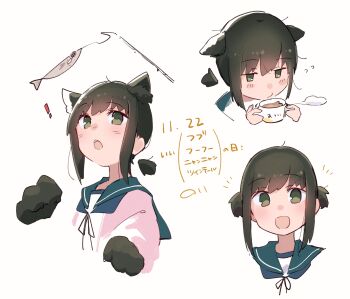 ! 1girl alternate_hairstyle animal_ear_fluff animal_ears animal_hands blowing_on_food blue_neckerchief blush_stickers cardigan cat_ears cat_teaser commentary cropped_torso cup dated dated_commentary disembodied_hand droopy_ears fang fish fubuki_(kancolle) gloves green_eyes green_sailor_collar hair_between_eyes highres holding holding_cup kantai_collection looking_at_another looking_at_viewer low_ponytail ma_rukan medium_hair multiple_views neckerchief open_cardigan open_clothes open_mouth paw_gloves pink_cardigan ponytail sailor_collar school_uniform serafuku shirt short_twintails sidelocks simple_background translation_request twintails whisk white_background white_shirt