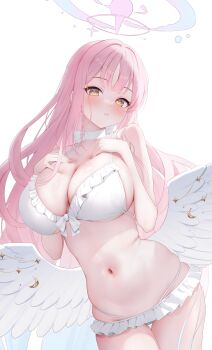 1girl absurdres angel_wings bikini blue_archive blush breasts choker cleavage commentary crescent frilled_bikini frills groin halo hand_on_own_chest hands_up highres large_breasts long_hair looking_at_viewer low_wings mika_(blue_archive) mika_(swimsuit)_(blue_archive) multi-strapped_bikini_bottom navel official_alternate_costume parted_lips pink_hair pink_halo saki_(saki_paint) sideboob sidelocks simple_background solo standing star_(symbol) stomach swimsuit thighs very_long_hair white_background white_bikini white_choker white_wings wing_ornament wings yellow_eyes