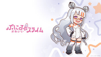 1girl absurdres anime_coloring arm_at_side arm_wrap artist_request asymmetrical_bangs bare_shoulders black_gloves black_mouth black_shoes blunt_ends blush bodysuit chibi chibi_only collared_bodysuit commentary_request company_name copyright_name copyright_notice covered_navel detached_sleeves dot_nose double_bun drop_shadow flat_chest gelee_(puniru_wa_kawaii_slime) gloves gradient_eyes gradient_hair gradient_thighhighs grey_hair hair_bun hand_on_own_hip hexagon_print highres legs_apart long_hair long_sleeves looking_at_viewer mandarin_collar monster_girl multicolored_eyes multicolored_hair official_art official_wallpaper open_mouth orange-framed_eyewear orange_hair print_bodysuit print_sleeves puniru_wa_kawaii_slime purple_eyes raised_inner_eyebrows ringed_eyes robot_girl second-party_source semi-rimless_eyewear shoes sidelocks simple_background sleeveless sleeveless_bodysuit slime_(substance) slime_girl slime_hair smile solo standing star_(symbol) star_symbol_background streaked_hair tape thighhighs tongue tube_socks under-rim_eyewear very_long_hair wavy_hair white_bodysuit white_sleeves white_thighhighs white_unitard wide_sleeves