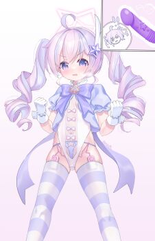 1girl absurdres ahoge artist_name blue_archive blush bow clenched_hands drill_hair egg_vibrator feather_hair_ornament feathers feet_out_of_frame gloves gluteal_fold gradient_background groin hair_between_eyes hair_ornament halo highleg highleg_leotard highres leotard loli long_hair looking_at_viewer magical_girl multicolored_hair multiple_views open_mouth panties parted_lips puffy_sleeves purple_bow purple_eyes purple_hair reisa_(blue_archive) reisa_(magical)_(blue_archive) sash sex_toy short_sleeves side-tie_panties skindentation smile solo star_(symbol) star_hair_ornament star_halo streaked_hair striped_clothes striped_thighhighs surprised thighhighs thighs twintails two-tone_hair underwear v-shaped_eyebrows vibrator vibrator_in_thighhighs white_gloves white_hair white_leotard white_wrist_cuffs wrist_cuffs ya_chuifeng_lai