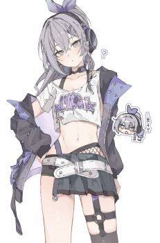 Rule 34 | 1girl, ?, absurdres, belt, black choker, black jacket, black shorts, bow, bra strap, braid, chibi, chibi inset, choker, coa (35 seno), collarbone, commentary request, crop top, cropped shirt, fishnets, grey eyes, grey hair, hair bow, hair ornament, hair ribbon, hairclip, hand on own hip, head tilt, headphones, highres, honkai: star rail, honkai (series), jacket, long hair, looking at viewer, midriff, navel, o-ring, o-ring thigh strap, off shoulder, open clothes, open jacket, pleated skirt, ponytail, purple ribbon, ribbon, shirt, short shorts, shorts, silver wolf (honkai: star rail), silver wolf (samsung) (honkai: star rail), simple background, single thighhigh, skirt, solo, stomach, thigh strap, thighhighs, two-sided fabric, two-sided jacket, white background, white belt, white shirt