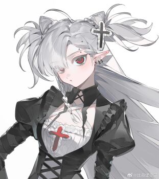 Rule 34 | 1girl, black dress, black leggings, blush, close-up, contrapposto, criss-cross straps, cross, dress, frilled dress, frills, gothic punk, gradient background, highres, leggings, long hair, looking at viewer, original, puffy sleeves, red eyes, solo, standing, two side up, watermark, weibo username, weibo watermark, white dress, zhangyu guagua