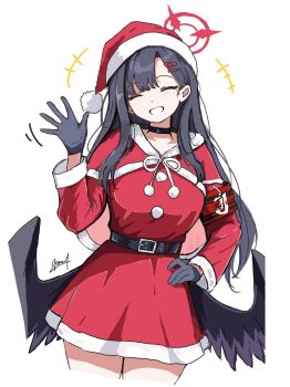 1girl armband belt belt_buckle black_choker black_gloves black_hair black_wings blue_archive blush breasts buckle choker christmas closed_eyes commentary cowboy_shot feathered_wings fur-trimmed_shawl fur_trim gloves grin hair_ornament hairclip halo hand_on_own_hip hand_up highres himmel_gewalt ichika_(blue_archive) long_hair low_wings medium_breasts motion_lines paint_chat_(medium) red_armband red_halo red_skirt santa_costume shawl simple_background skirt smile solo swept_bangs waving white_background wings