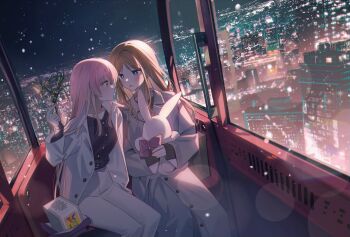 2girls bang_dream! bang_dream!_it's_mygo!!!!! black_shirt blue_eyes brown_hair chihaya_anon city coat commentary eye_contact ferris_wheel_interior highres holding holding_mistletoe long_hair looking_at_another mistletoe multiple_girls nagasaki_soyo night pants parted_lips pink_hair shirt sitting snowing stuffed_animal stuffed_rabbit stuffed_toy white_coat white_pants yojeong_dimseom yuri