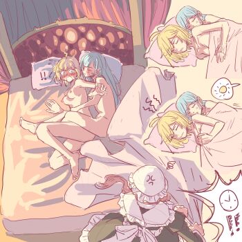 3girls anisphia_wynn_palettia anjuro_zeeku apron bed black_dress blonde_hair blue_eyes blue_hair blush breasts canopy_bed clock closed_eyes closed_mouth commentary completely_nude cuddling dress embarrassed euphyllia_magenta highres ilia_coral leg_lock long_hair maid maid_apron medium_breasts multiple_girls nipples nude on_bed pillow red_hair short_hair sleeping spoken_sun squiggle tensei_oujo_to_tensai_reijou_no_mahou_kakumei under_covers white_apron yuri
