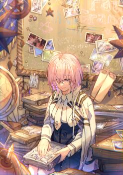 1girl black_skirt book book_stack chaldea_logo commentary fate/grand_order fate_(series) glasses globe hair_over_one_eye high-waist_skirt highres holding holding_book jacket jacket_on_shoulders looking_down mash_kyrielight mash_kyrielight_(chaldea_uniform) medium_hair necktie photo_(object) purple_eyes purple_hair sitting skirt solo symbol-only_commentary white_jacket white_necktie woong.i