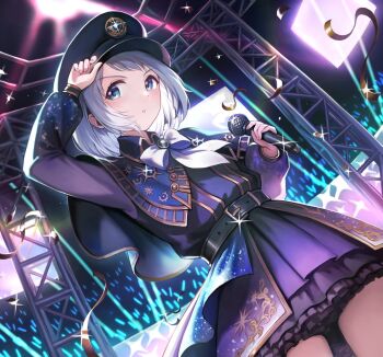 1girl adjusting_clothes adjusting_headwear alternate_hairstyle belt black_belt blue_capelet blue_eyes blush bow bowtie capelet commentary cowboy_shot dot_nose dress dutch_angle gakuen_idolmaster glint glowstick grey_hair hat highres holding holding_microphone idolmaster katsuragi_lilja kyokkou_(idolmaster) laser layered_skirt long_sleeves looking_to_the_side microphone miniskirt parted_lips purple_dress screen short_hair skirt solo stage stage_lights streamers tuna_picture white_bow white_bowtie