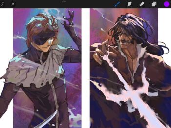 2boys abstract_background aizen_sousuke art_program_in_frame black_bodysuit black_gloves black_hair bleach bleach:_sennen_kessen-hen blue_background bodysuit border brown_coat brown_eyes brown_hair coat collar collarbone collared_coat colorful_background column_lineup covered_eyes energy_sword eyepatch facial_hair facing_to_the_side floating_hair front_zipper gloves grey_scarf hair_over_eyes hand_up ikuyoan light_smile long_hair looking_ahead looking_to_the_side male_focus mature_male multiple_boys mustache one_eye_covered open_mouth orange_background outside_border purple_background quincy_(bleach) scarf short_hair smile smirk sternritter striped_clothes striped_scarf sword vertical-striped_clothes vertical-striped_scarf weapon white_border white_collar yhwach zipper
