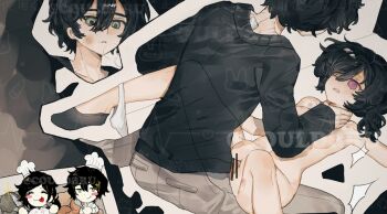 andrew_graves ashley_graves black_hair black_shirt blush breasts censored chef_hat green_eyes hat medium_breasts missionary nude panties pink_eyes sex shirt short_hair strangling the_coffin_of_andy_and_leyley underwear watermark white_panties