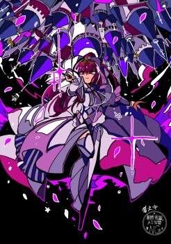 1girl castle dress fate/grand_order fate_(series) highres ima_mo_nao_kangaechuu looking_at_viewer purple_dress purple_hair red_eyes scathach_(fate) scathach_skadi_(fate) scathach_skadi_(third_ascension)_(fate) solo wand watermark