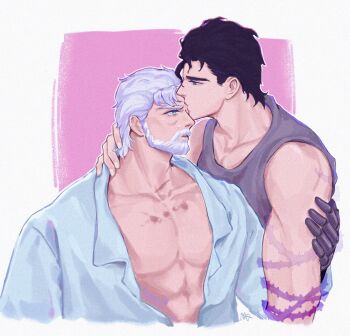 2boys adam&#039;s_apple age_difference bare_pectorals beard black_hair blue_eyes blue_shirt border collarbone connected_beard facial_hair fingernails grandfather_and_grandson grey_hair hand_on_another&#039;s_neck hickey highres incest jojo_no_kimyou_na_bouken joseph_joestar joseph_joestar_(old) kiss kissing_forehead kuujou_joutarou male_focus multiple_boys old old_man open_clothes open_shirt pectorals purple_shirt shirt short_hair sleeveless sleeveless_shirt stardust_crusaders tears upper_body vamos_mk white_border yaoi