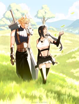 1boy 1girl absurdres armor artist_name baggy_pants bare_shoulders belt belt_buckle black_gloves black_hair black_skirt black_thighhighs blonde_hair blue_eyes blue_sky blush breasts brown_gloves buckle buster_sword closed_mouth cloud cloud_strife cloudy_sky commentary crop_top elbow_gloves english_commentary falling_leaves final_fantasy final_fantasy_vii final_fantasy_vii_rebirth final_fantasy_vii_remake fingerless_gloves floating_hair full_body gloves grass hand_up height_difference highres huge_weapon katsuartsu large_breasts leaf lips long_hair looking_to_the_side looking_up low-tied_long_hair midriff miniskirt mountainous_horizon multiple_belts nature navel outdoors pants red_eyes red_lips ribbed_sweater short_hair shoulder_armor signature single_bare_shoulder skirt sky sleeveless sleeveless_turtleneck spiked_hair suspender_skirt suspenders sweater sword sword_on_back tank_top thighhighs tifa_lockhart tree turtleneck turtleneck_sweater walking weapon weapon_on_back white_tank_top zettai_ryouiki