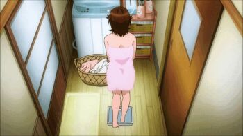 1girl amagami armpits ass back bakadere bare_back bare_hips bare_legs barefoot bathroom bathroom_scale blush breast_press breasts brown_eyes brown_hair censored collarbone completely_nude covering_breasts covering_privates feet indoors knees knees_to_chest knees_up large_breasts legs lying messy_hair nervous nude on_back on_towel open_mouth plump sakurai_rihoko scale short_hair solo squatting standing sweat toenails toes towel weighing_scale weight_conscious weight_gain