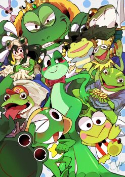&gt;_o 1girl 6+boys animal aogaeru_(sen_to_chihiro_no_kamikakushi) armor asui_tsuyu baseball_cap black_eyes boku_no_hero_academia bow character_request chickip_dancers chrono_trigger claws coin commentary copyright_request crossover crown frog frog_(chrono_trigger) frog_boy frog_girl furry gloves grin hasunoue_keroppi hat highres holding jax_(the_amazing_digital_circus) kermit_the_frog kero_&amp;_koro_(colgen_kowa) kero_kero_keroppi keroro keroro_gunsou mario_(series) multiple_boys multiple_crossover muppets nintendo ohyou_wake one_eye_closed open_mouth polka_dot polka_dot_background red_bow red_hat ribbit_(the_amazing_digital_circus) sanrio sen_to_chihiro_no_kamikakushi signature simple_background skip_gaeru-sensei slippy_toad smile star_fox super_mario_land_2 sweat sword symbol-only_commentary teeth the_amazing_digital_circus tongue tongue_out trait_connection wart_(mario) weapon white_gloves