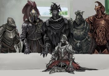 armor banished_knight belt bloodhound_knight breastplate character_request commentary_request couch crucible_knight elden_ring facing_another facing_viewer fromsoftware full_armor gauntlets gelmir_knight helm helmet highres horns indoors knight meme multiple_boys night's_cavalry pauldrons piper_perri_surrounded_(meme) shoulder_armor sitting standing tarnished_(elden_ring) tworain_w