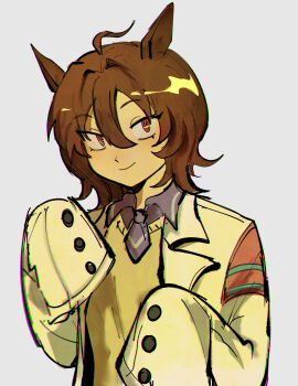 1girl absurdres agnes_tachyon_(tach-nology)_(umamusume) agnes_tachyon_(umamusume) ahoge animal_ears blush brown_hair closed_mouth coat hair_between_eyes highres horse_ears horse_girl lab_coat long_sleeves looking_at_viewer medium_hair necktie red_eyes shirt short_necktie simple_background sleeves_past_fingers sleeves_past_wrists smile solo sweater sweater_vest umamusume upper_body white_coat wuzeio yellow_sweater yellow_sweater_vest