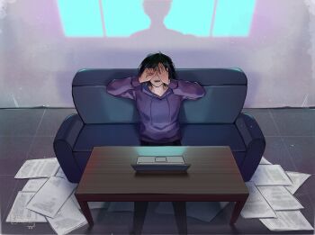 1girl black_hair computer couch different_shadow feet_out_of_frame from_above glowing hair_over_one_eye han_sooyoung highres hood hood_down hoodie kim_dokja laptop omniscient_reader&#039;s_viewpoint purple_hoodie rubbing_eyes saihachi06 short_hair sitting solo tile_floor tiles too_many_papers